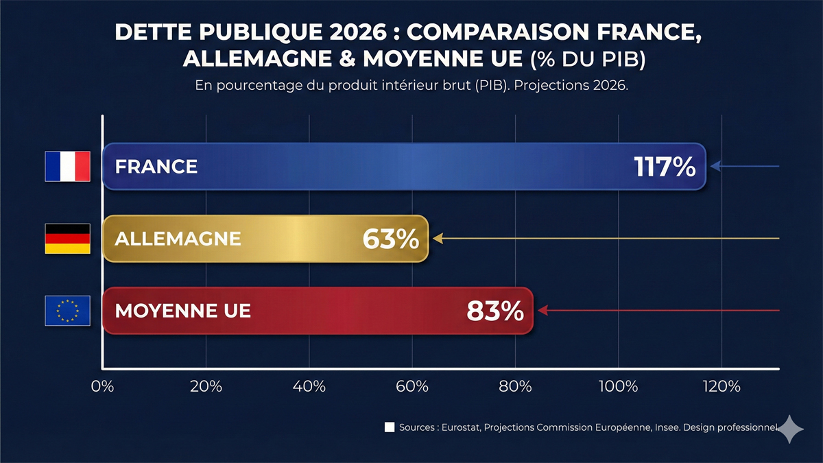 Dette France vs Allemagne vs UE % PIB